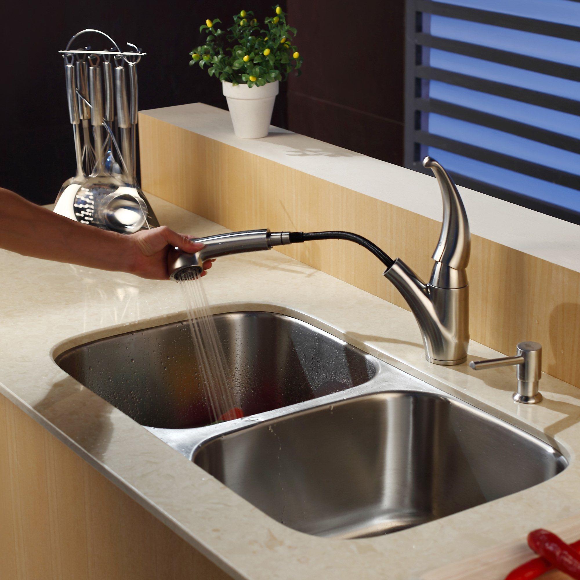 KRAUS 32 Inch Undermount Double Bowl Stainless Steel Kitchen Sink with Pull  Out Kitchen Faucet and Soap Dispenser - Bed Bath & Beyond - 4389953