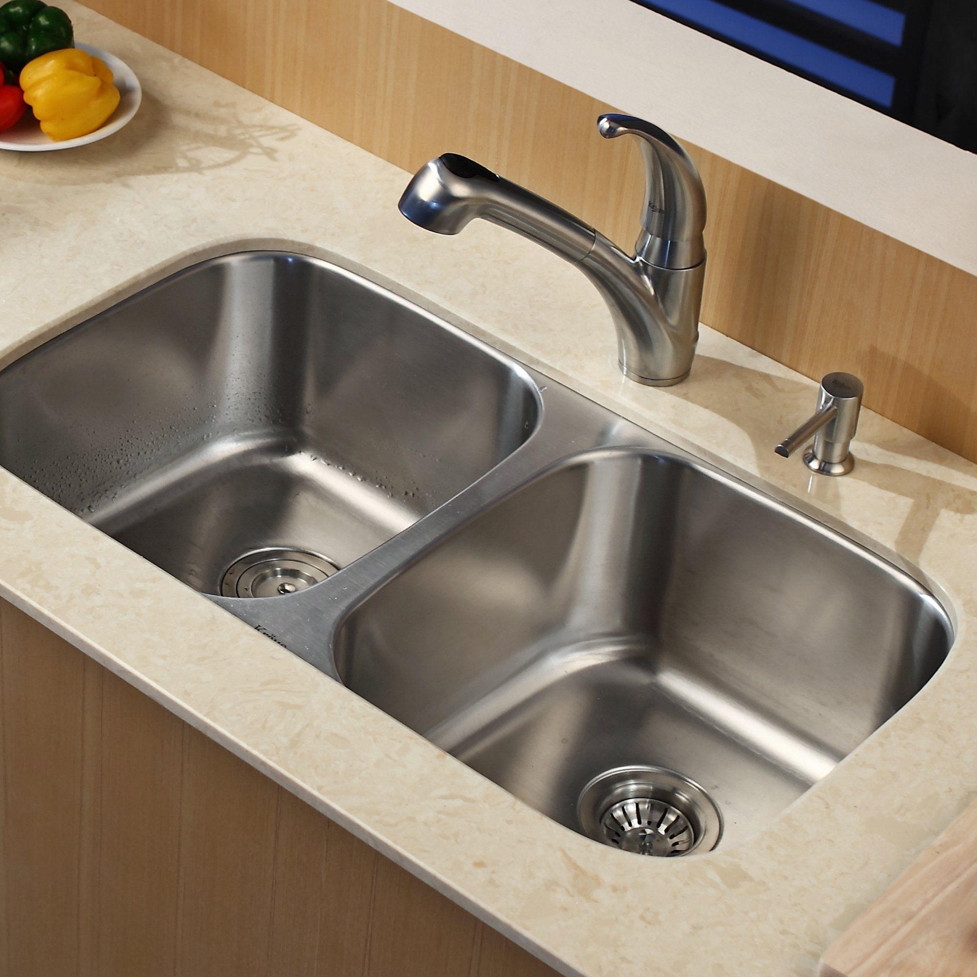 KRAUS 32 Inch Undermount Double Bowl Stainless Steel Kitchen Sink with Pull  Out Kitchen Faucet and Soap Dispenser - Bed Bath & Beyond - 4389953