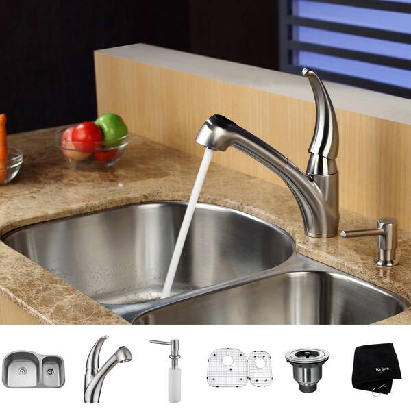 KRAUS 32 Inch Undermount Double Bowl Stainless Steel Kitchen Sink with Pull  Out Kitchen Faucet and Soap Dispenser - Bed Bath & Beyond - 4389953