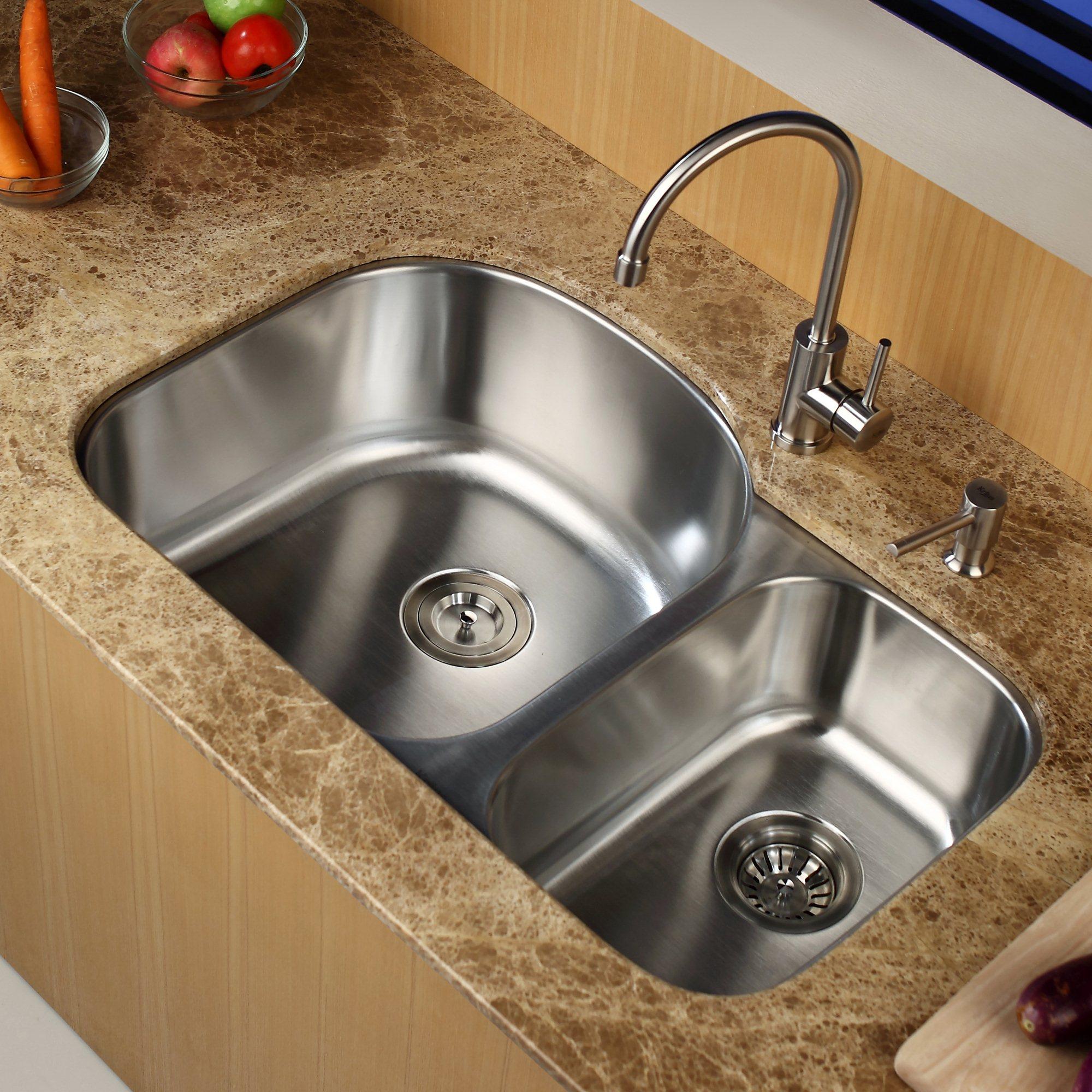 KRAUS 33 Inch Undermount Double Bowl Stainless Steel Kitchen Sink with  Kitchen Bar Faucet and Soap Dispenser - Bed Bath & Beyond - 4389944