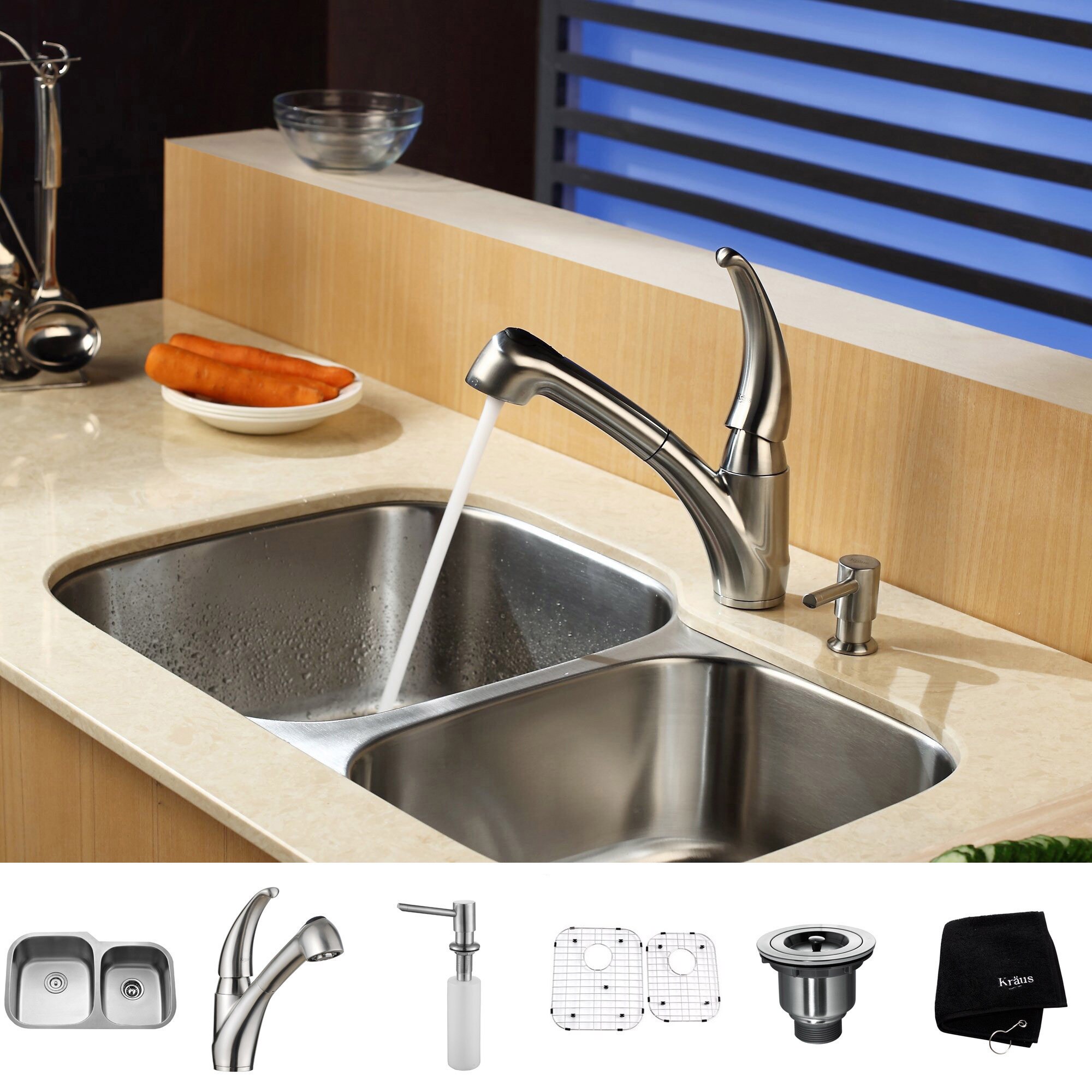 KRAUS 32 Inch Undermount Double Bowl Stainless Steel Kitchen Sink with Pull  Out Kitchen Faucet and Soap Dispenser - Bed Bath & Beyond - 4389953