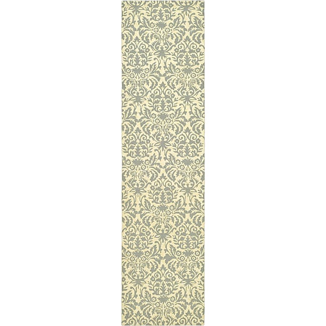 Hand hooked Damask Beige yellow/ Grey Wool Runner (26 X 10)