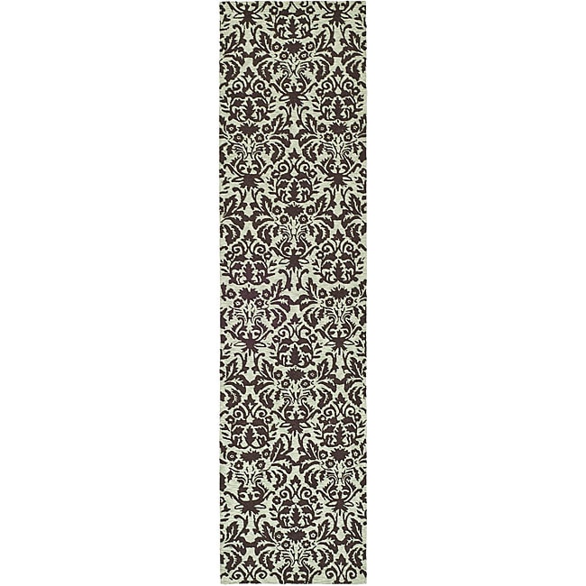 Hand hooked Damask Sage/ Chocolate Wool Runner (26 X 10) (GreenPattern GeometricTip We recommend the use of a non skid pad to keep the rug in place on smooth surfaces.All rug sizes are approximate. Due to the difference of monitor colors, some rug color