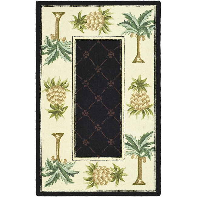 Hand hooked Palm Black/ Ivory Wool Rug (29 X 49)