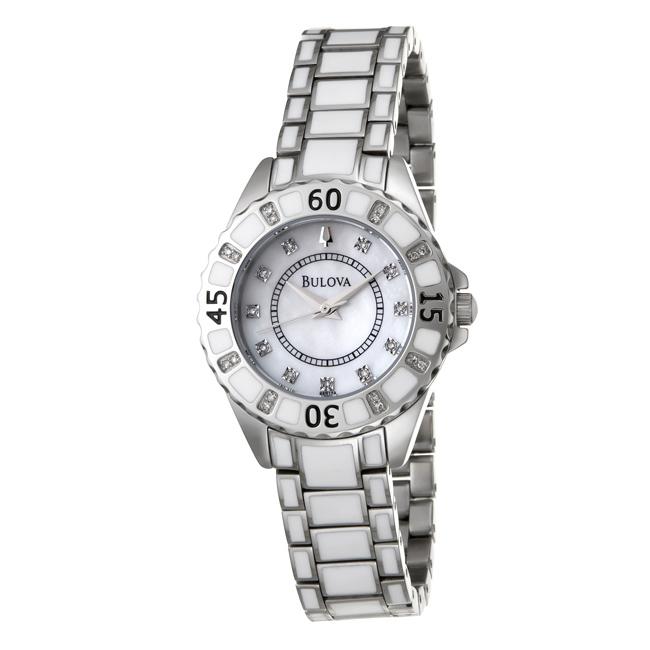 Bulova Womens Stainless Steel and White Ceramic Diamond Watch 