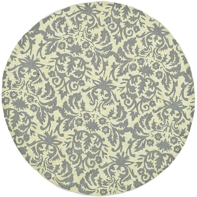 Hand hooked Damask Beige yellow/ Grey Wool Rug (4 Round)