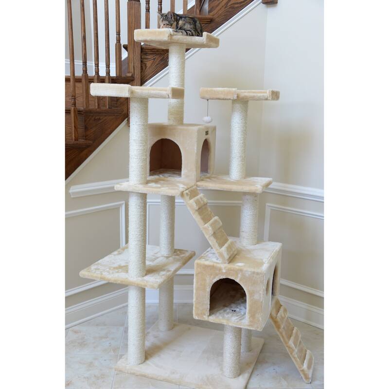 Real Wood 74" Multi-Level Cat Tree Large Cat Play Furniture
