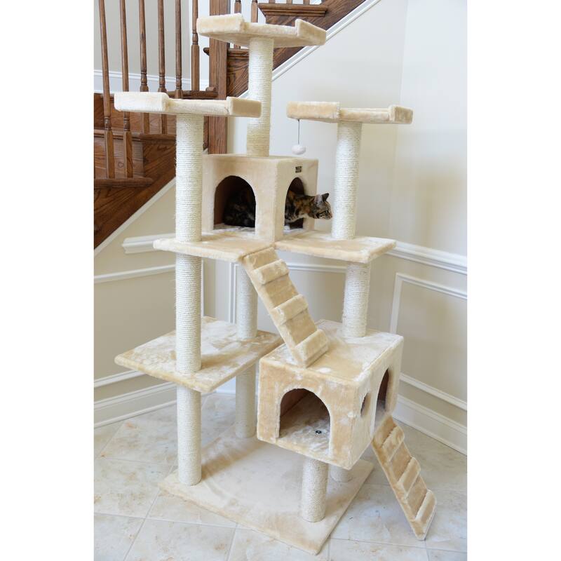 Real Wood 74" Multi-Level Cat Tree Large Cat Play Furniture