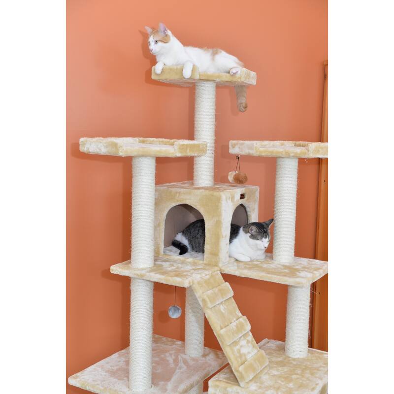 Real Wood 74" Multi-Level Cat Tree Large Cat Play Furniture