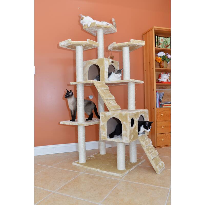 Real Wood 74" Multi-Level Cat Tree Large Cat Play Furniture
