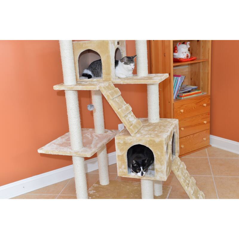 Real Wood 74" Multi-Level Cat Tree Large Cat Play Furniture