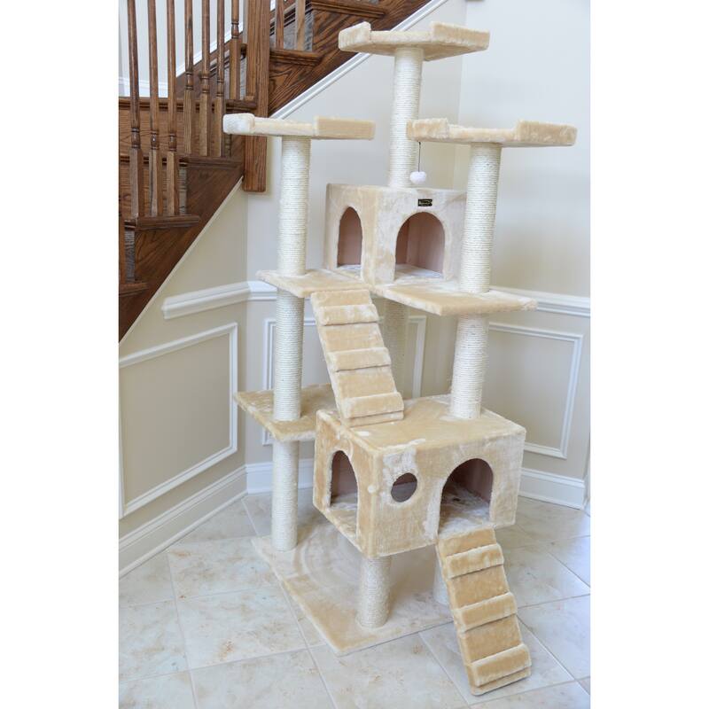 Real Wood 74" Multi-Level Cat Tree Large Cat Play Furniture