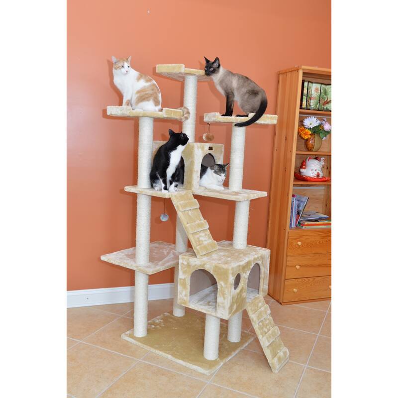 Real Wood 74" Multi-Level Cat Tree Large Cat Play Furniture