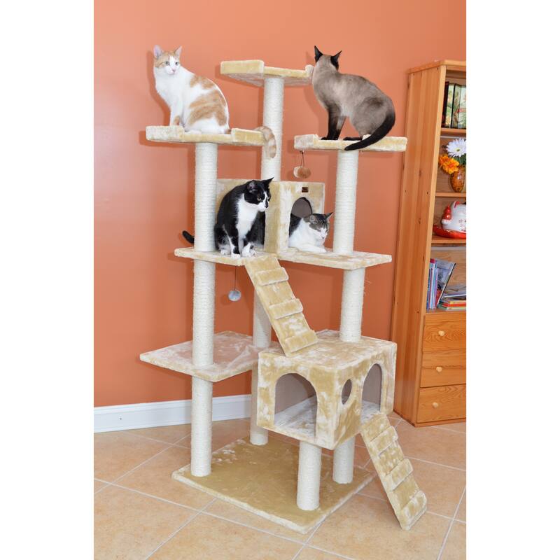 Real Wood 74" Multi-Level Cat Tree Large Cat Play Furniture