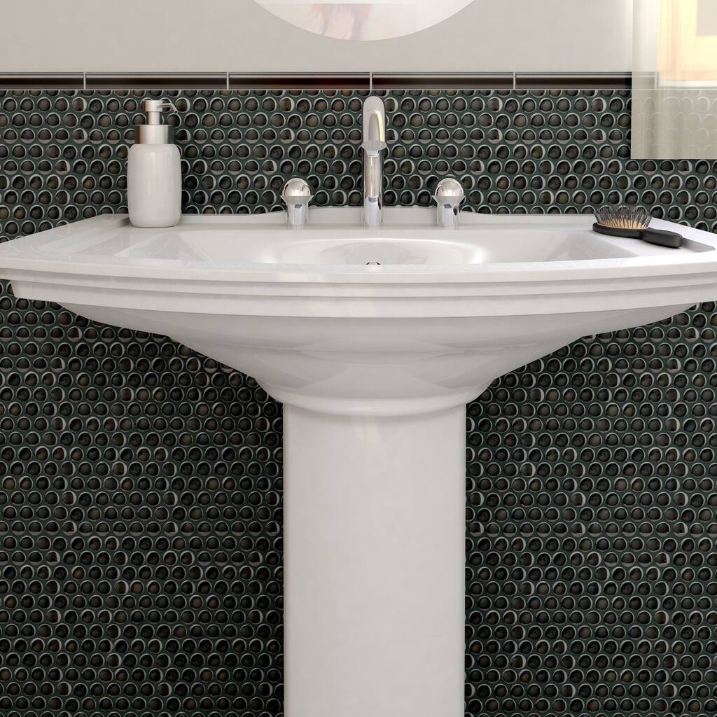 Merola Tile 11.25x12-inch Obsidian Penny Mirror Glass Mosaic Wall Tile (10 tiles/9.4 sqft.)