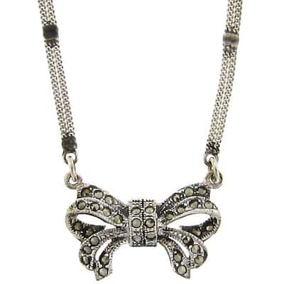 Dolce Giavonna Sterling Silver Marcasite Bow Pendant Necklace