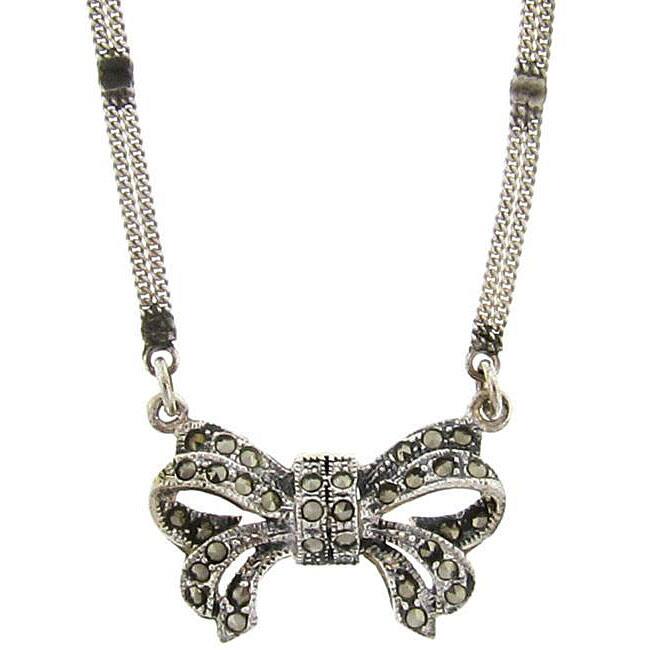 Dolce Giavonna Sterling Silver Marcasite Bow Pendant Necklace