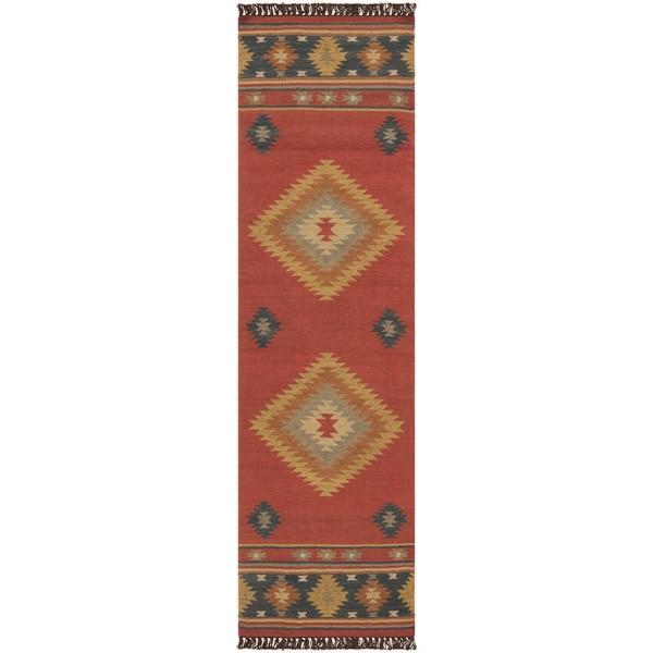 Hand woven Red Southwestern Aztec Santa Fe Wool Rug (26 x 8