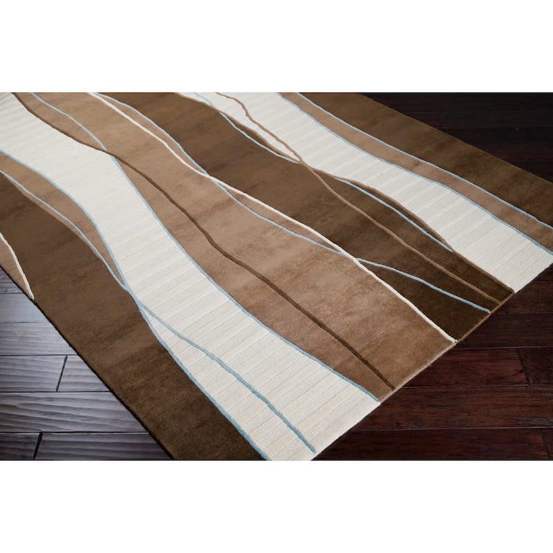 Hand-knotted Contemporary Brown/White Stripe Karur New Zealand Wool Area Rug - 5' x 8' - 5' x 8'