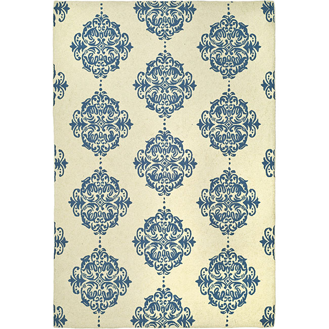 Hand hooked Miff Ivory/ Blue Wool Rug (79 X 99)