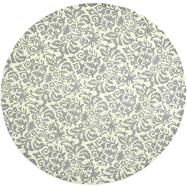 Hand hooked Damask Beige yellow/ Grey Wool Rug (56 Round)