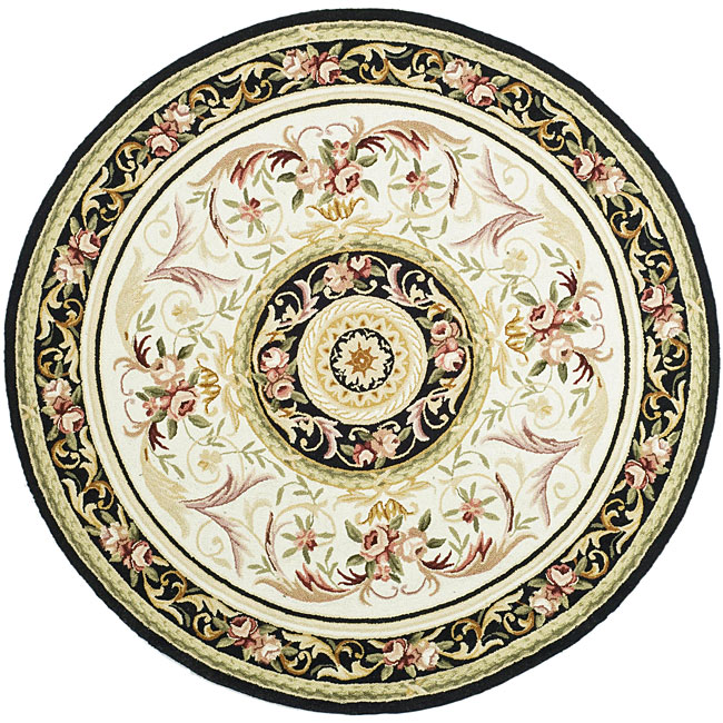 Hand hooked Aubusson Ivory/ Burgundy Wool Rug (56 Round)