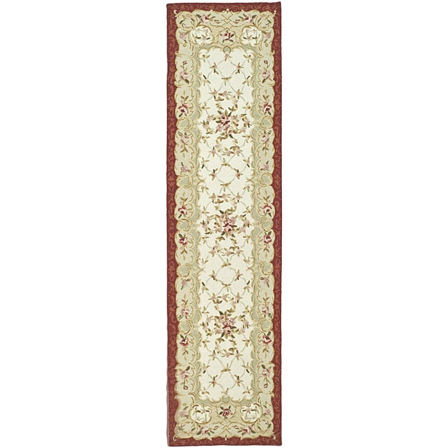 Hand hooked Aubusson Ivory/ Burgundy Wool Runner (26 X 12)