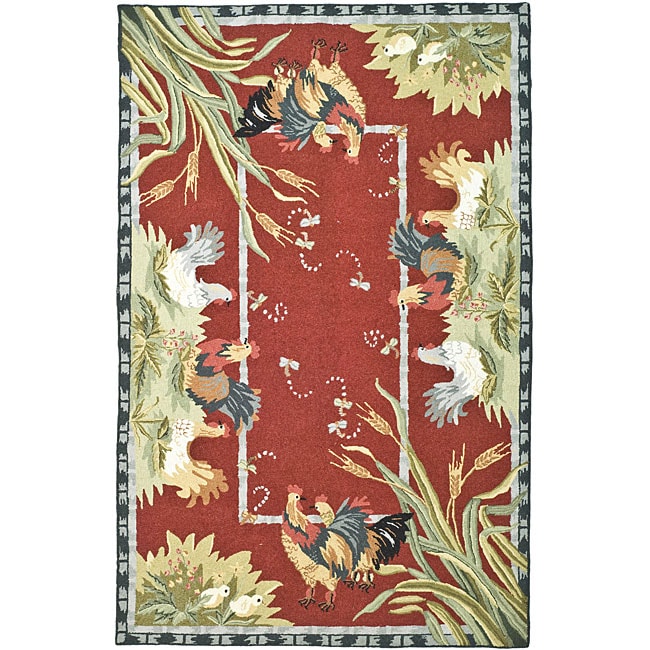 Hand hooked Roosters Burgundy Wool Rug (89 X 119)