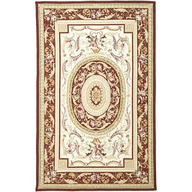 Aubusson Ivory/ Burgundy Hand hooked Wool Area Rug (6 X 9)