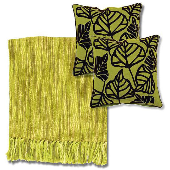 Citrus/ Ivory Throw Blanket and Leaf Decorative Pillows
