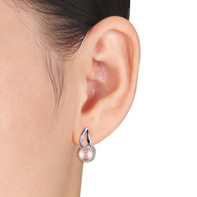 Miadora Sterling Silver Pink Freshwater Pearl and Diamond Earrings (9-10 mm)