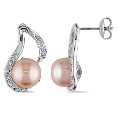 Miadora Sterling Silver Pink Freshwater Pearl and Diamond Earrings (9-10 mm)
