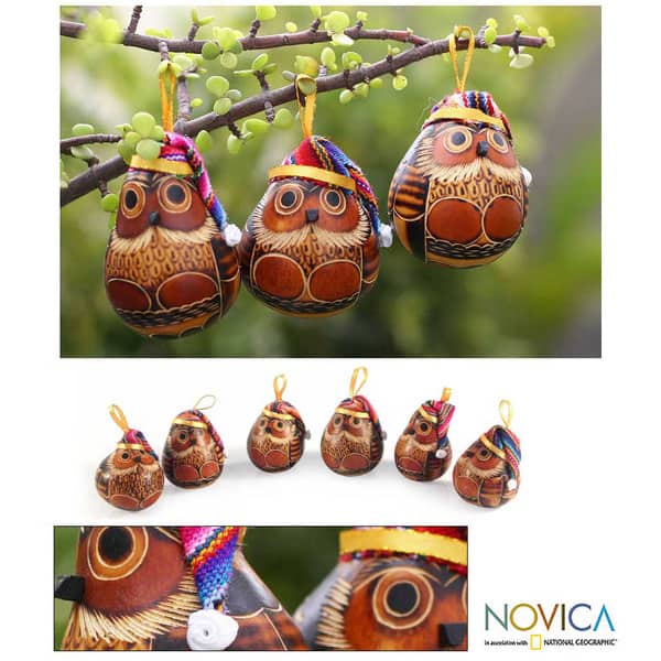 Set of 6 Mate Gourd 'Christmas Owls' Ornaments
