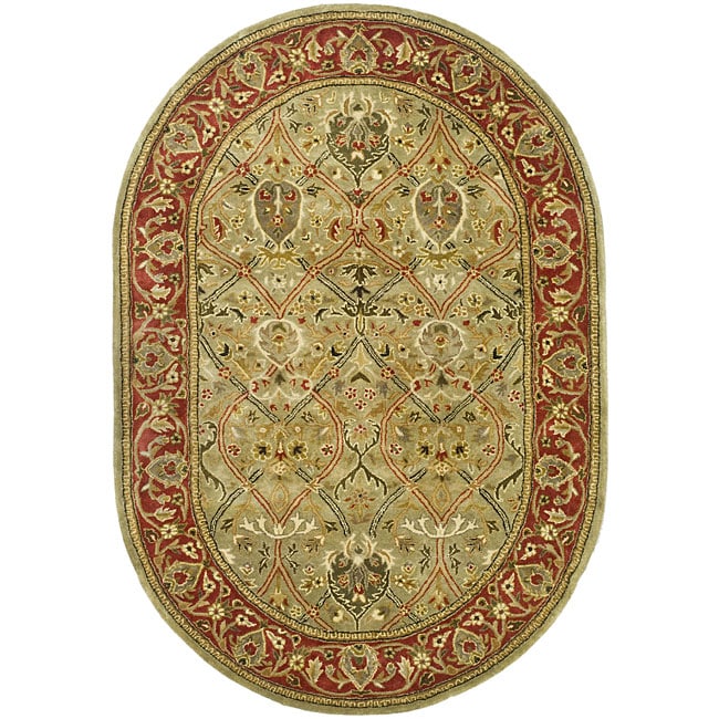 Handmade Mahal Green/ Rust New Zealand Wool Rug (76 X 96 Oval)