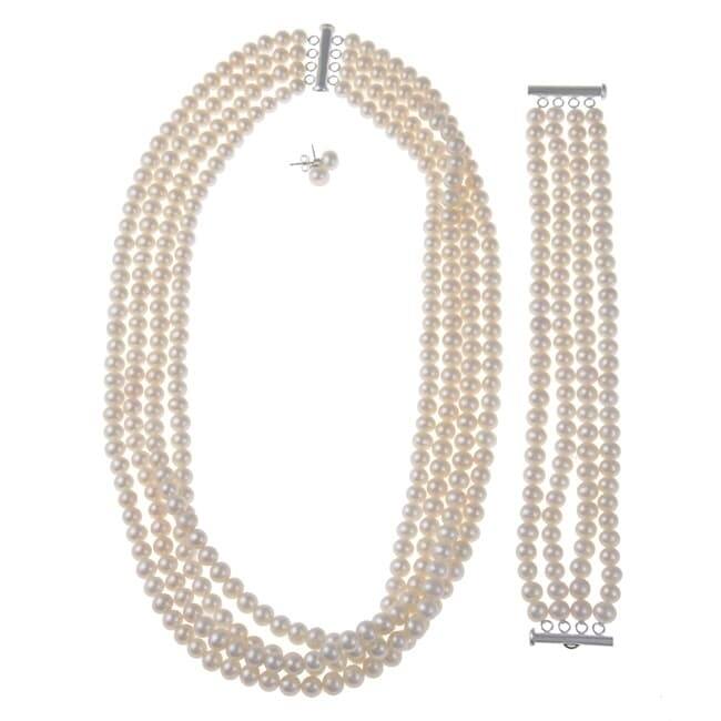 DaVonna Silver 6-7 mm White 4-row Freshwater Pearl Necklace Bracelet and Earring Set