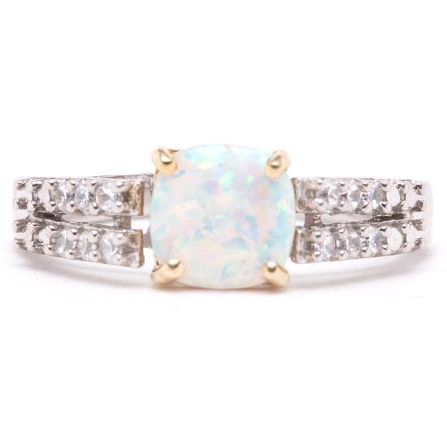 Sterling Silver/ 10k Gold and Created Opal and Cubic Zirconia Ring 