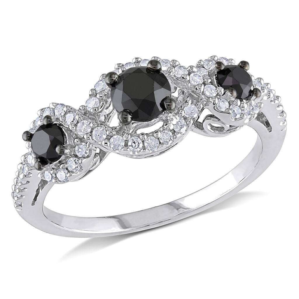 Miadora 1 CT Black and White Diamond TW 3 Stone Ring 10k White Gold GH I2;I3 Black Rhodium Plated