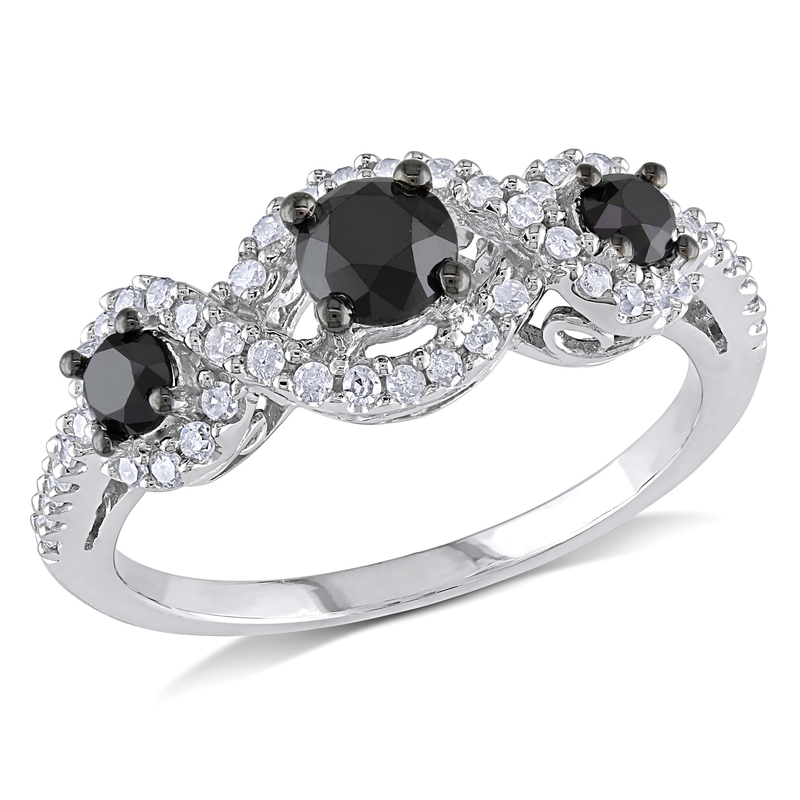 Miadora 1 CT Black and White Diamond TW 3 Stone Ring 10k White Gold GH I2;I3 Black Rhodium Plated