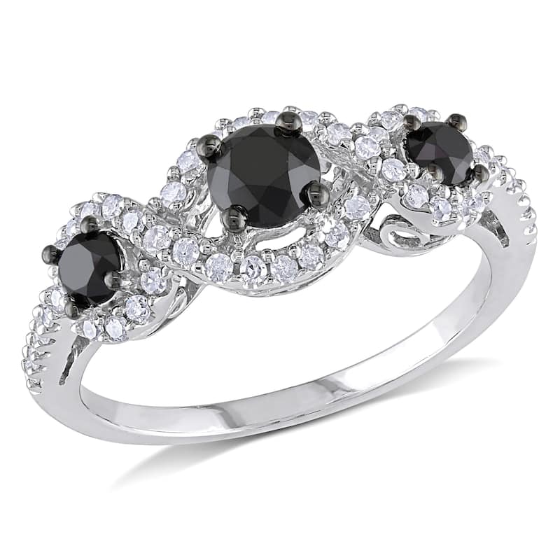 Miadora 1 CT Black and White Diamond TW 3 Stone Ring 10k White Gold GH I2;I3 Black Rhodium Plated