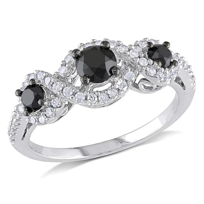 Miadora 1 CT Black and White Diamond TW 3 Stone Ring 10k White Gold GH I2;I3 Black Rhodium Plated