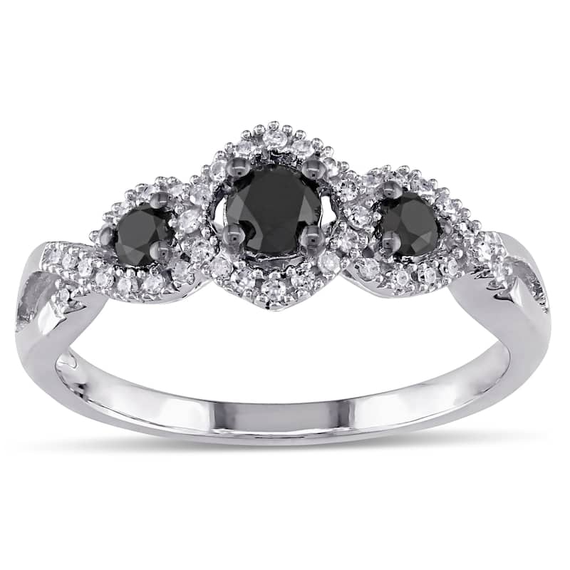 Miadora 1/2 CT Black and White Diamond 3 Stone Ring with 10k White Gold Band - 5