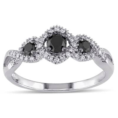 Miadora 1/2 CT Black and White Diamond 3 Stone Ring with 10k White Gold Band