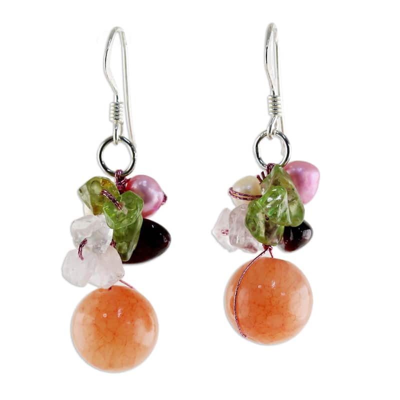 Handmade Pearl and Rose Quartz Strawberry Fantasy Earrings (Thailand) - 1.4L*0.6W - Multi - 1.4L*0.6W - Orange - Multi-Stone - White
