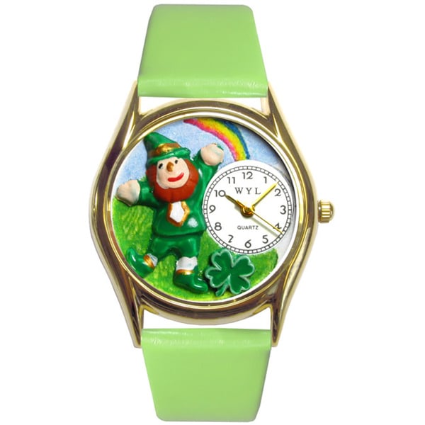 Whimsical Women's St. Patrick's Day Leprechaun Theme Watch with Green Leather Strap Whimsical Women's Whimsical Watches