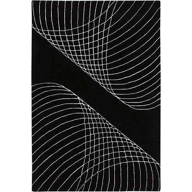 Hand-Tufted Black/White Abstract Mandara New Zealand Wool Rug (5' x 7'6)
