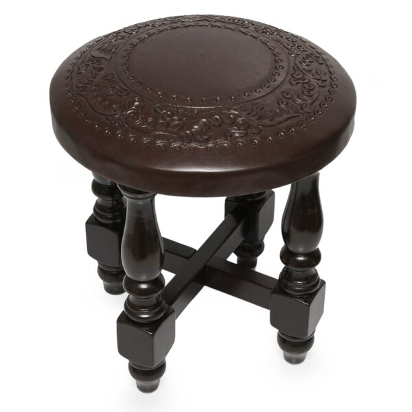 Colonial Guard Artisan Highly Polished Dark Brown Hand Tooled Leather and Cedar Wood Round Accent