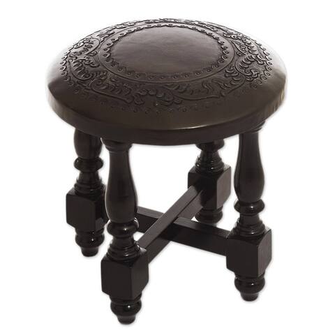 Handmade Tooled Leather and Cedar Wood Accent Stool (Peru)