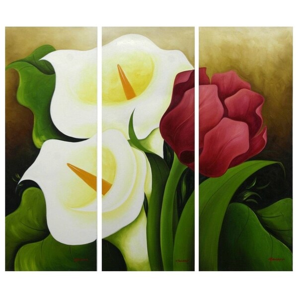Handmade Calla Lilies and Tulip Multicolor Triptych Floral Original Art (Mexico) - multi