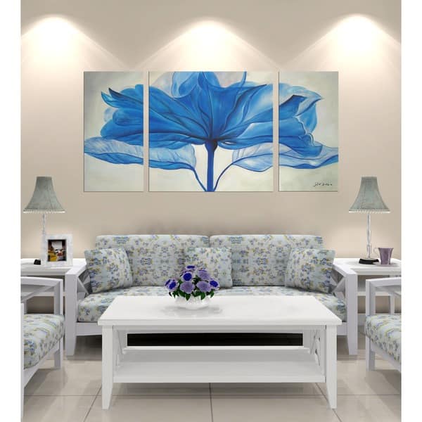 slide 2 of 9, Hand-painted 'Blue Flower' Gallery-wrapped 3-piece Art Set