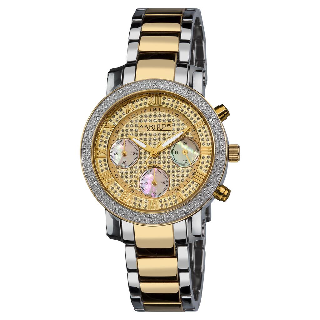 Akribos XXIV Women's Diamond Quartz Chronograph Round Gold-Tone Bracelet Watch